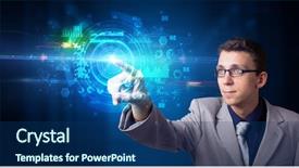  Presentation with medical charts - PPT theme enhanced with touching hologram screen displaying medical background and a ocean colored foreground