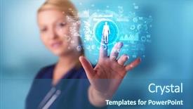  Presentation with medical charts - Presentation design with touching hologram screen displaying medical background and a ocean colored foreground