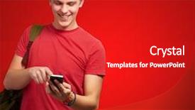  Presentation with mobile fintech - Presentation design with touching mobile screen over red background and a crimson colored foreground