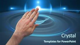  Presentation with hand touching finger digital - Cool new theme with touching orb sphere against blue backdrop and a  colored foreground