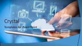  Presentation with tablet - Cool new presentation theme with touching tablet pc mobile cloud backdrop and a light blue colored foreground