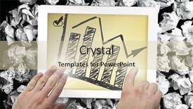  Presentation with hand touching finger digital - Slide deck having touching tablet showing bar chart background and a soft green colored foreground