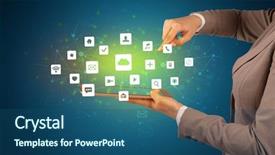  Presentation with hand touching finger digital - Slide set consisting of touching tablet with application icons background and a  colored foreground