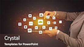  Presentation with hand touching finger digital - Beautiful PPT layouts featuring touching tablet with application icons backdrop and a  colored foreground