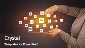  Presentation with application - Cool new PPT theme with touching tablet with application icons backdrop and a  colored foreground