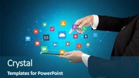  Presentation with 3d application job - Slide deck with touching tablet with application icons background and a  colored foreground