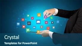  Presentation with hand touching finger digital - Slide deck having touching tablet with application icons background and a  colored foreground