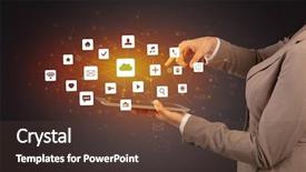  Presentation with hand touching finger digital - PPT theme having touching tablet with application icons background and a tawny brown colored foreground