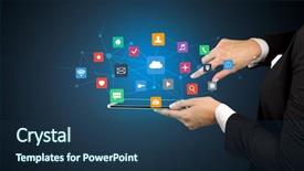  Presentation with hand touching finger digital - Presentation theme featuring touching tablet with application icons background and a ocean colored foreground