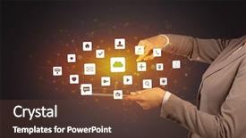  Presentation with application - Presentation consisting of touching tablet with application icons background and a tawny brown colored foreground