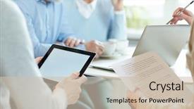  Presentation with people - Beautiful presentation featuring touchpad and papers during presentation backdrop and a  colored foreground