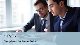  Presentation with meeting - Beautiful presentation theme featuring touchpad at meeting in office backdrop and a light blue colored foreground