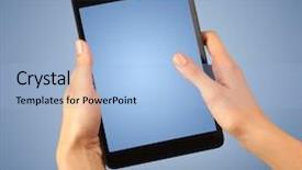  Presentation with hand touching finger digital - Slides having touchscreen - female fingers touching blank tablet background and a light blue colored foreground