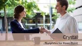  Presentation with shaking hands - Slide deck featuring touchscreen gesture - businesswoman shaking hands with businessman background and a coral colored foreground