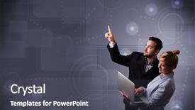  Presentation with young happy couple - Presentation featuring touchscreen gesture - happy young couple touching copy background and a dark gray colored foreground