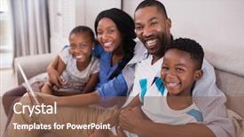  Presentation with cheerful stylish city girl using - Audience pleasing presentation theme consisting of touchscreen gesture - portrait of cheerful family using backdrop and a  colored foreground