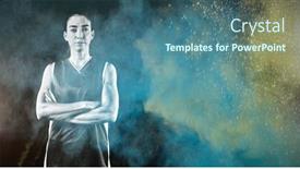  Presentation with color powder - PPT theme featuring tough female basketball player against splashing of color powder background and a ocean colored foreground