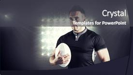  Presentation with spotlight - Amazing PPT layouts having tough rugby player holding ball against spotlight backdrop and a dark gray colored foreground
