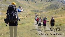  Presentation with backpack - Slides having tour leader - young hiker with backpack background and a coral colored foreground