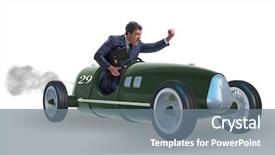  Presentation with vintage - Slide set consisting of tour leader - businessman in vintage roadster isolated background and a gray colored foreground