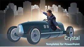  Presentation with motivation - Slide set featuring tour leader - businessman riding vintage roadster background and a ocean colored foreground