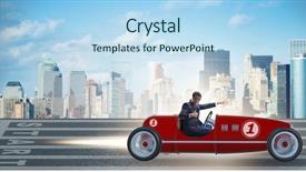  Presentation with motivation - Slide set with tour leader - businessman riding vintage roadster background and a light blue colored foreground