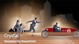  Presentation with business competition - Colorful presentation theme enhanced with tour leader - competition concept with business people backdrop and a  colored foreground