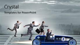  Presentation with business competition - Audience pleasing slide set consisting of tour leader - competition concept with business people backdrop and a light gray colored foreground