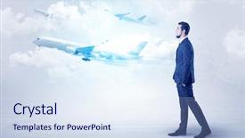  Presentation with airplane wing through airplane window - Colorful slide deck enhanced with tour leader - elegant businessman going somewhere backdrop and a  colored foreground