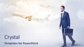  Presentation with elegant - Slide set featuring tour leader - elegant businessman going somewhere background and a  colored foreground