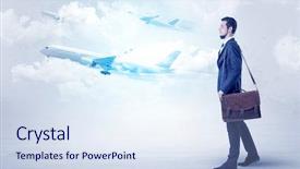  Presentation with airplane wing through airplane window - PPT layouts featuring tour leader - elegant businessman going somewhere background and a  colored foreground