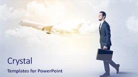  Presentation with airplane wing through airplane window - Audience pleasing presentation design consisting of tour leader - elegant businessman going somewhere backdrop and a sky blue colored foreground