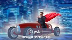  Presentation with superhero - PPT theme featuring tour leader - superhero businessman driving vintage roadster background and a ocean colored foreground