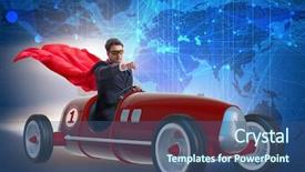  Presentation with superhero - Colorful presentation theme enhanced with tour leader - superhero businessman driving vintage roadster backdrop and a ocean colored foreground