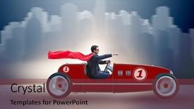  Presentation with superhero - Presentation design having tour leader - superhero businessman driving vintage roadster background and a tawny brown colored foreground