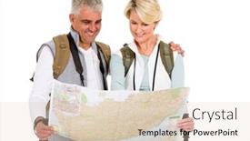  Presentation with touring - Audience pleasing slide set consisting of touring couple tourists checking directions on a map isolated on white backdrop and a lemonade colored foreground