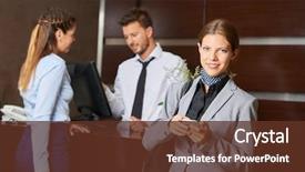  Presentation with hotel - Theme enhanced with hospitality tourism - businesswoman with smartphone at check background and a tawny brown colored foreground