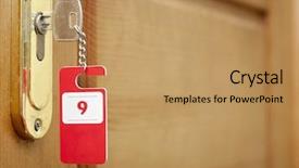  Presentation with hotel key - Cool new PPT theme with hospitality tourism - key in hotel room's door backdrop and a coral colored foreground