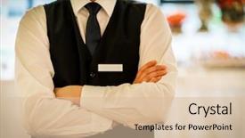  Presentation with restaurant waiter - PPT theme with tourism company - young waiter at the restaurant background and a lemonade colored foreground