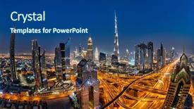  Presentation with traffic road - Theme enhanced with tourism development - dubai skyline during sunrise background and a ocean colored foreground