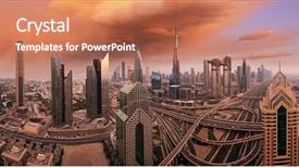  Presentation with traffic road - Theme featuring tourism development - dubai skyline during sunrise background and a coral colored foreground