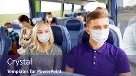  Presentation with medical virus - Amazing PPT theme having tourism-healthcare-and-pandemic-concept backdrop and a navy blue colored foreground