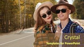  Presentation with tourism - Presentation with tourism-hitchhiking-happy-hipster-couple background and a tawny brown colored foreground