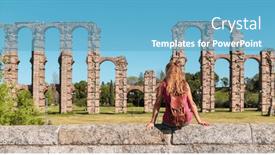  Presentation with aqueduct - Slide deck enhanced with tourism-in-estremadura-travel background and a light blue colored foreground
