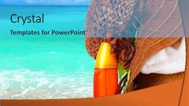  Presentation with sardines school in blue sea - Beautiful PPT theme featuring beach items over blue sea backdrop and a cyan colored foreground