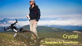  Presentation with cycling - Amazing PPT layouts having tourism mountains - man resting after cycling ascent backdrop and a tawny brown colored foreground