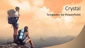  Presentation with mountain top - Slides featuring tourism mountains - two hikers with backpacks standing background and a lemonade colored foreground