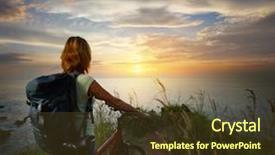  Presentation with backpack - Amazing presentation theme having tourism mountains - young woman with backpack standing backdrop and a tawny brown colored foreground