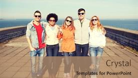  Presentation with travel friends - Slide deck consisting of tourism travel people and leisure concept - group of happy teenage friends in sunglasses hugging on city street background and a coral colored foreground