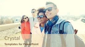  Presentation with travel friends - Slide set consisting of tourism travel people and leisure concept - group of happy teenage friends in sunglasses hugging on city street background and a cream colored foreground